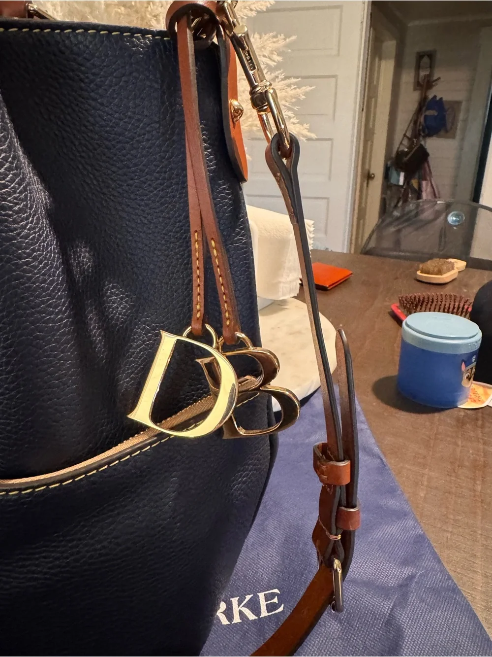 Dooney & Bourke Midnight Blue Pebble Satchel with Tan Trim